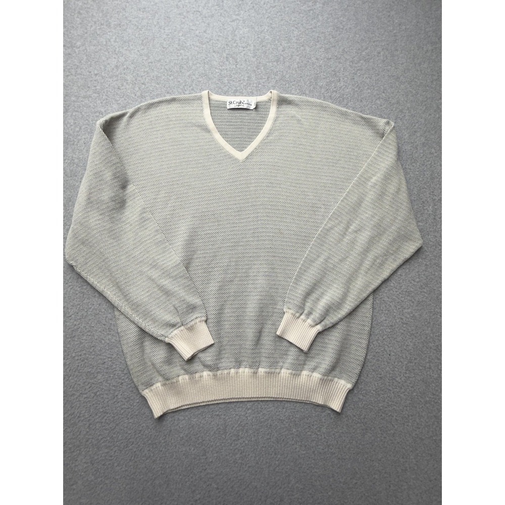 St. Croix Knits Sweater Mens XL Gray Cotton Microfiber V Neck Waffle Knit USA